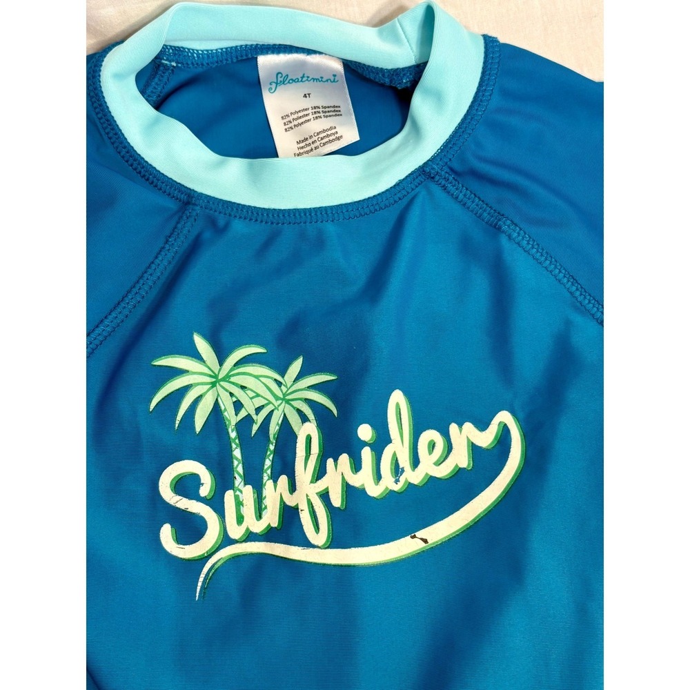 Floatimini Boys Blue Surfrider Rash Guard and Palm Tree Swim Trunks Set 4T - Picture 8 of 9